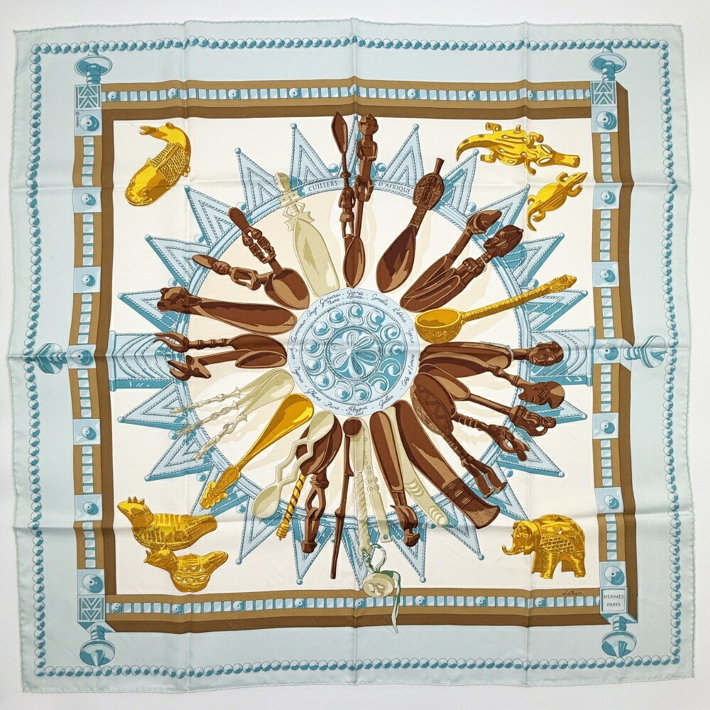 Hermes scarf/muffler, size 90, silk, light blue and brown, "African Spoons" (...